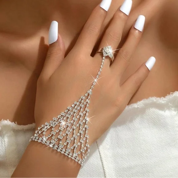 Silver Wedding Full Rhinestone Bracelet Sparkly Crystal Finger Bracelet - Picture 2 of 2